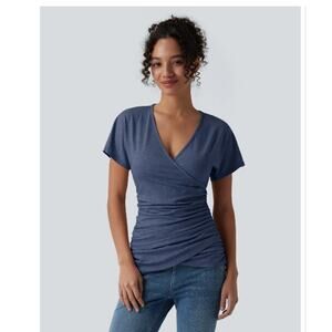 Halara V Neck Short Sleeve Ruched Casual Top Size M blue NWT